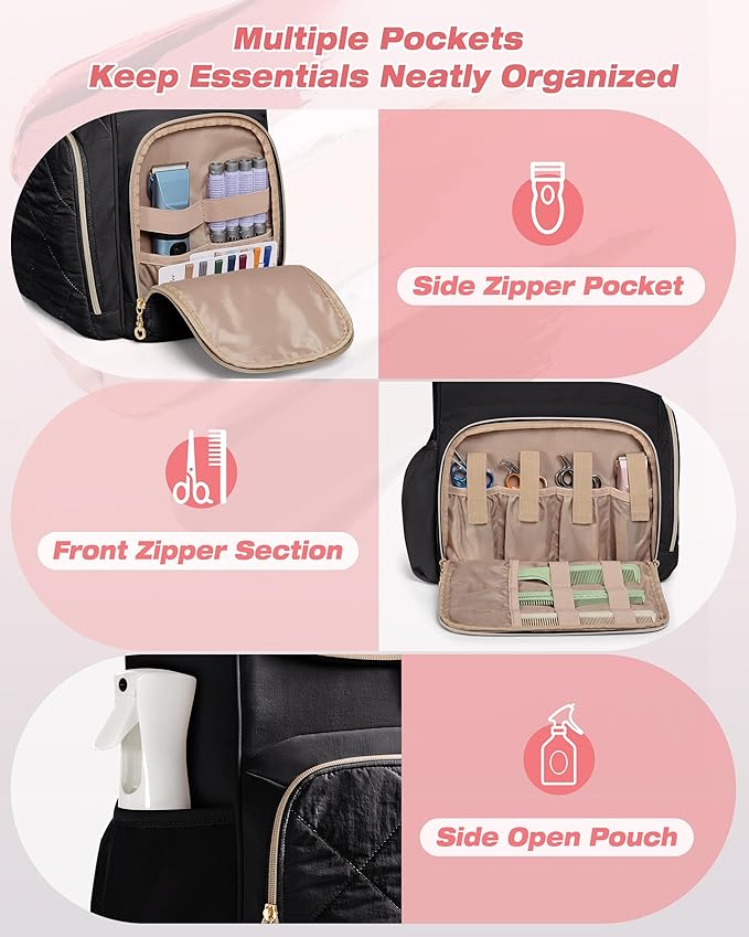 Insulated Hairstylist Travel Bag Backpack with Detachable Dividers and Multiple Pockets, Quilted Hair Tool Travel Bag with Multiple Pockets for Hairstylist and Barber, Black