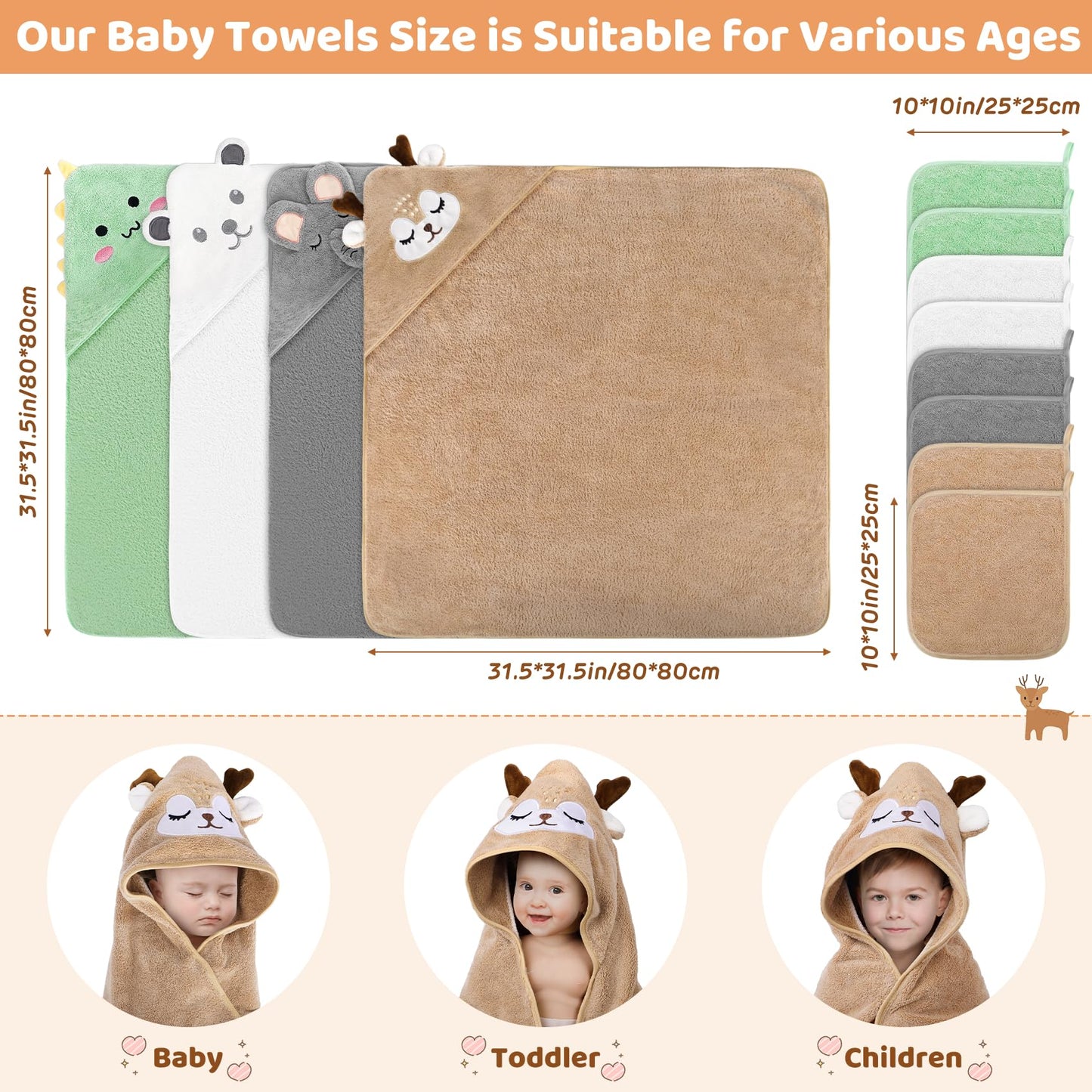 CandyHome 12 PCS Baby Bath Towels Set for Infants Toddlers, 4 PCS Animal Hooded Baby Towels & 8 PCS Washcloths Set, Ultra Absorbent Cute Soft Newborn Bath Essentials Gifts for Boys & Girls