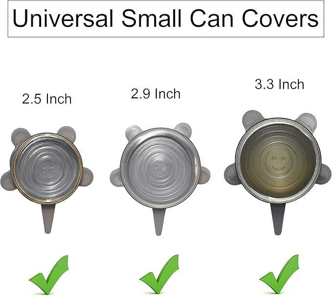 Pet and Human Food Can Lids - 4 Pack - Stretchable Silicone Covers for Cat and Dog Canned Food Storage - Universal Fitting Tops for Small Sized Cans - Keeps Food Fresh