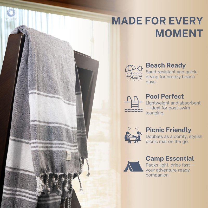 9Threads Cotton Turkish Beach Towel with Towels Oversized 36"x72" Pool Absorbent Extra Large Quick Dry Sand Travel Towel (Grey, 2 Pack)