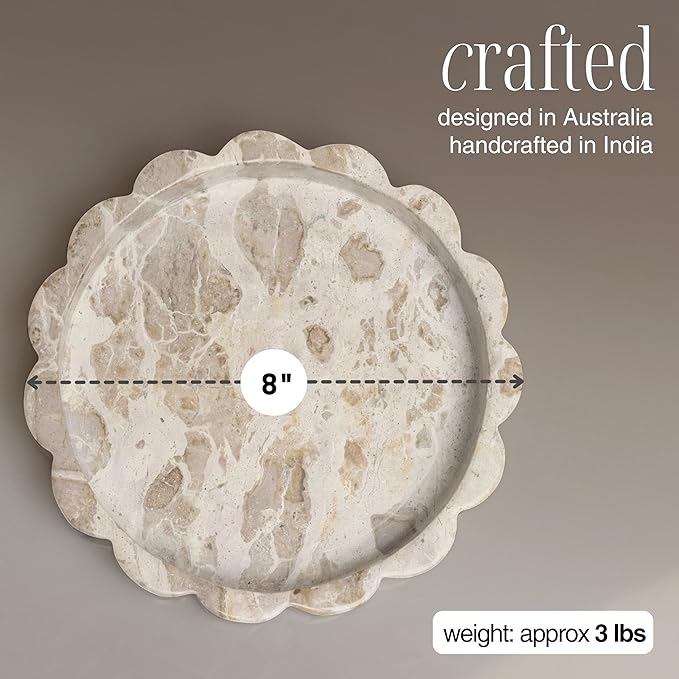Beige Scalloped Marble Tray - 8 Inch Round Stone Vanity Tray for Perfume & Jewelry, Marble Dish for Bathroom Countertop & Kitchen Counter, Brown Decorative Tray for Bathroom & Kitchen, Modern Catchall