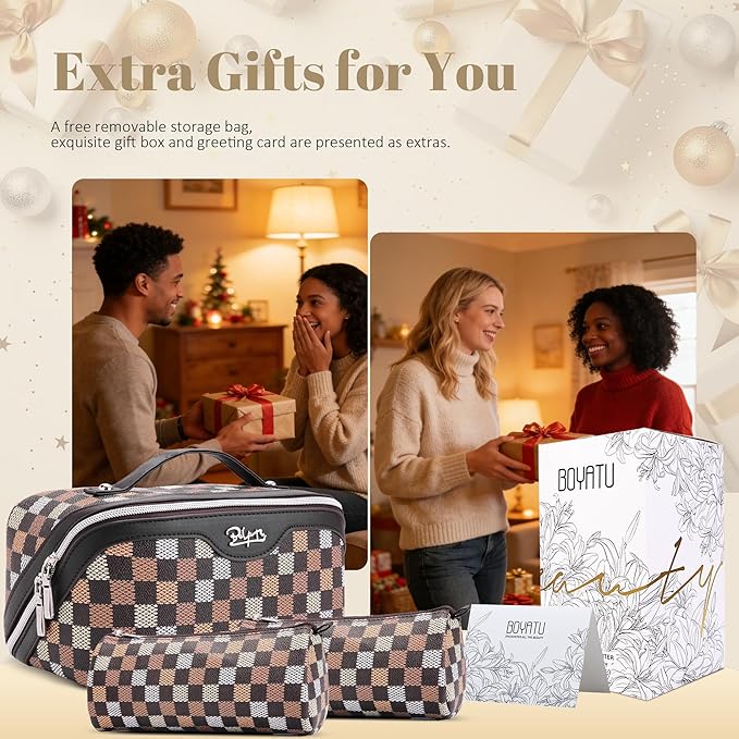 BOYATU Travel Makeup Bag Organizer Cosmetic Bag: 3 Pcs Set Make up Bags for Women with Handle - Waterproof Vegan Leather Toiletry Bag (01-H-Coffee)
