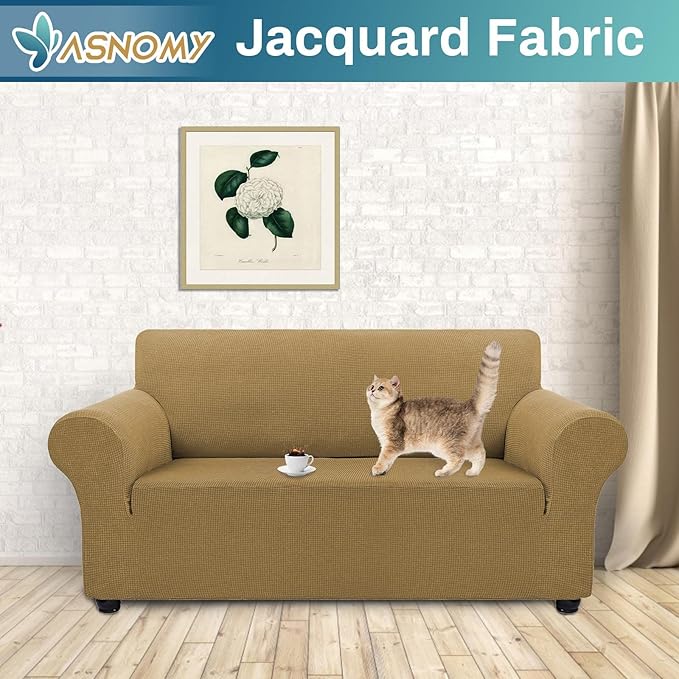 Asnomy Sofa Covers for 2 Cushion Couch Stretch loveseat Covers Slipcovers, Pet Protector Furniture Covers for Dogs Cats Spandex Jacquard Fabric Small Checks （Medium，Light Brown）