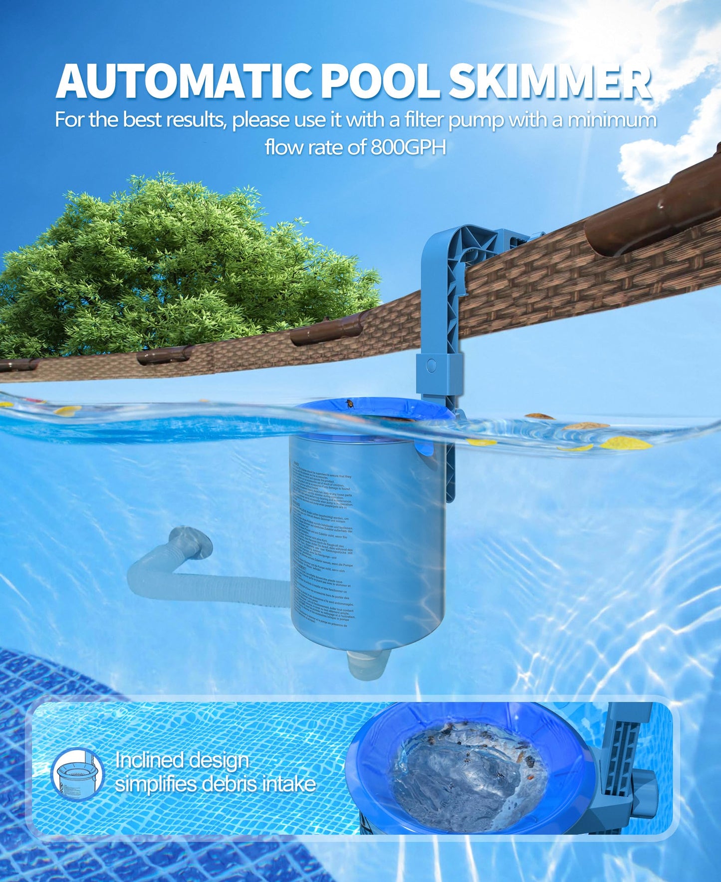 DeeprClean Upgrade Above Ground Pool Skimmer Comes with 3 Socks, Anti-tilt Wall Mount Surface Skimmer, Removable Skimmer Basket, Adjustable Height Bracket, Auto Skimming Pool Surface Leaves - Blue