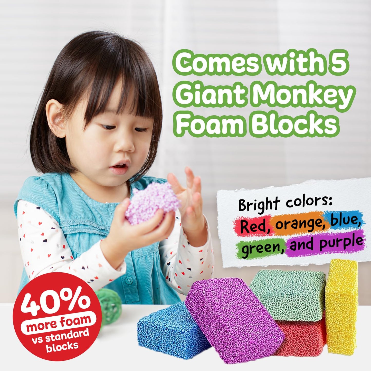 Impresa Monkey Foam from Monkey Noodle 5 Giant Blocks, Squishy Sensory Toys for Kids with Unique Needs Fosters Creativity, Fun Play Foam for Kids, for Classrooms, Home, & Playtime Ages 3+