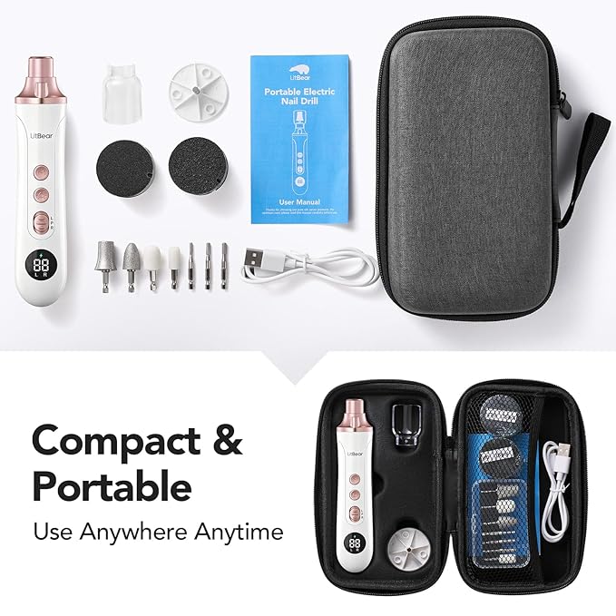 Litbear Electric Nail Drill File Set, 15 Speed Professional Thick Toenail Grinder, Cordless Pedicure Manicure Tool Callus Remover for Women Men Senior Hand Feet Care, Home Salon Use (White)