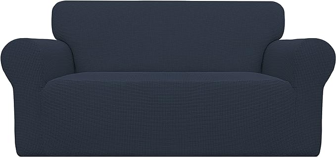 Easy-Going Stretch Loveseat Slipcover 1-Piece Sofa Cover Furniture Protector Couch Soft with Elastic Bottom for Kids Polyester Spandex Jacquard Fabric Small Checks (Loveseat, Dark Blue)