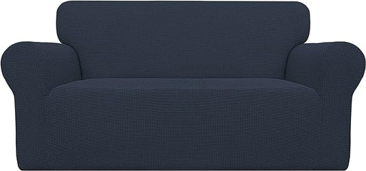 Easy-Going Stretch Loveseat Slipcover 1-Piece Sofa Cover Furniture Protector Couch Soft with Elastic Bottom for Kids Polyester Spandex Jacquard Fabric Small Checks (Loveseat, Dark Blue)