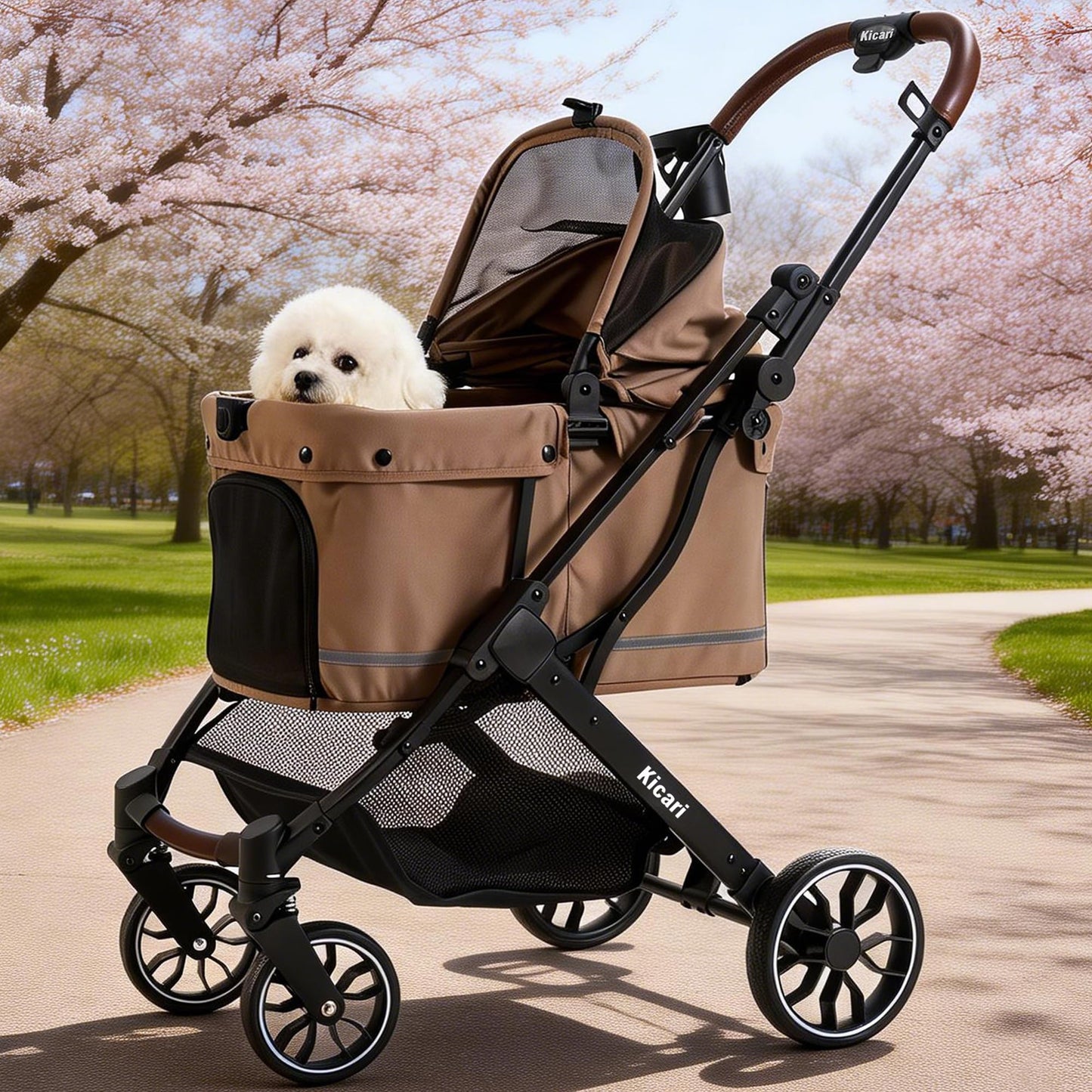 Kicari All-Terrain Dog Stroller for Small to Medium Dogs, Pet Stroller for Dogs & Cats Outdoor Walks, One-Hand Easy Fold, Double-Layer Anti-UV & Waterproof Canopy & Breathable Mesh, Mocha Brown