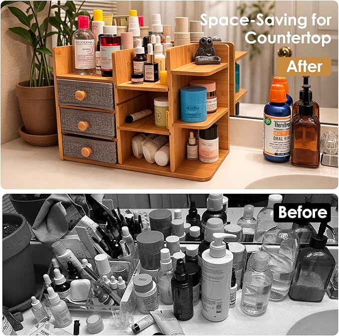 Large Makeup Organizer For Vanity, Large Capacity 3 Tiers Bamboo Bathroom Counter Organizers and Storage, Countertop Makeup Brush Holder, Nail Polish Perfume Stand with 3 Drawers and 10 Compartments