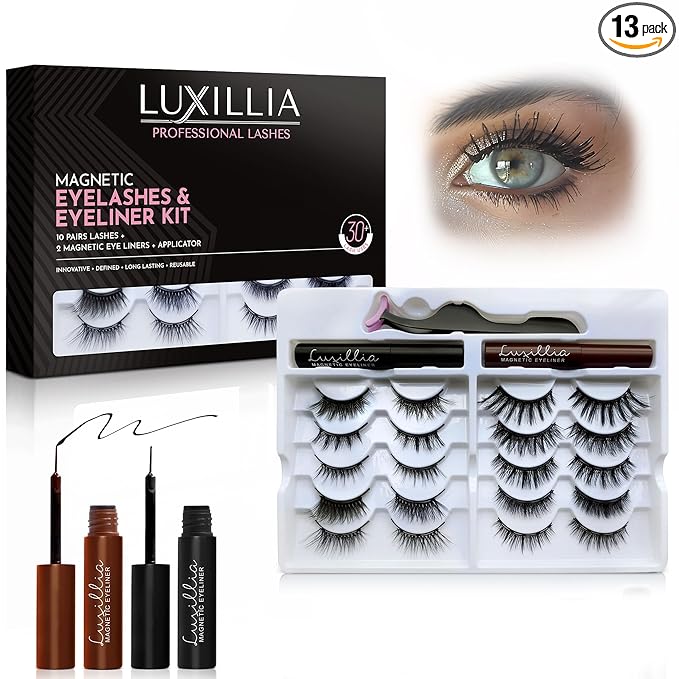 Luxillia 13-Piece Brown & Black Magnetic Eyelashes with Applicator & Magnetic Eyeliner Kit – Reusable Natural Magnetic Lashes – Easy Apply Lash Kit for Beginners – Waterproof Dramatic Looks