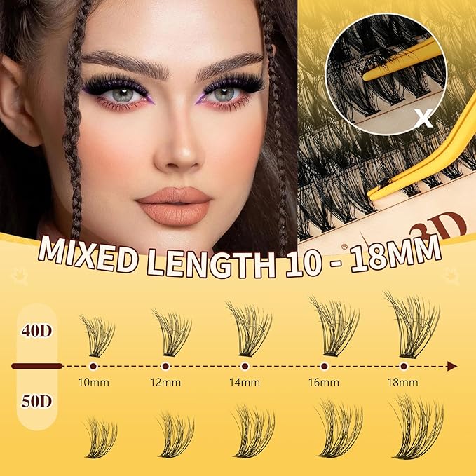 QUEWEL Lash Clusters Kit, 280Pcs 40D+50D 3D Lash Cluster Eyelash Extensions 10-18mm Volume Individual Lashes with Lash Bond and Seal and Lash Tweezers Easy DIY at Home(40D+50D 3D Kit)