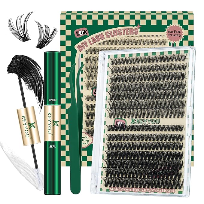 KEYYOU DIY Lash Extension Kit 280pcs Individual Lashes D Curl Eyelash Extension Kit 40D50D 9-16MIX Lash Clusters with Bond and Seal and Lash Applicator for DIY at Home(40D50D-0.07D-9-16MIX)