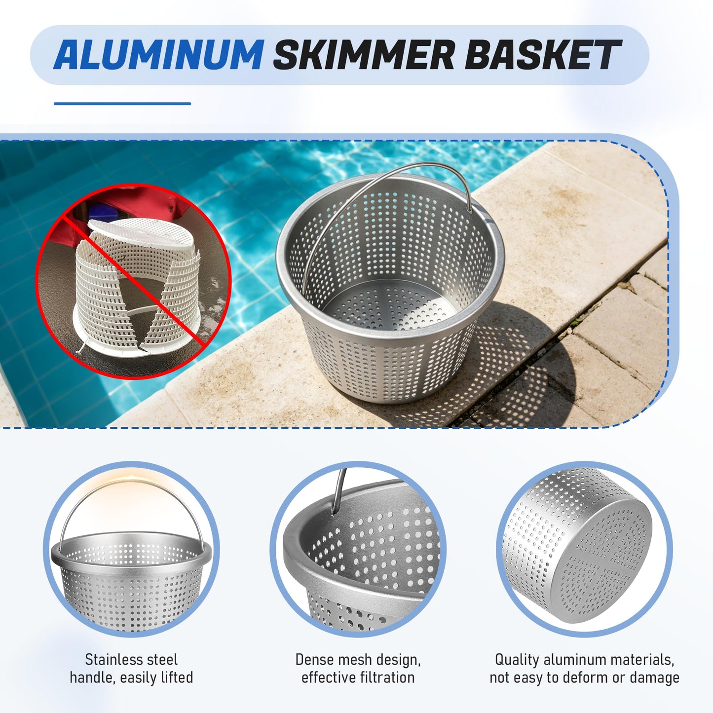 BOUYAO 8" Inground Pool Skimmer Basket - Upgrade Aluminum Strainer Basket with Handle | for Pentair U-3, Hayward SP1070 | Direct Replacement 08650-0007 & SPX1070E Universal Filter Baskets