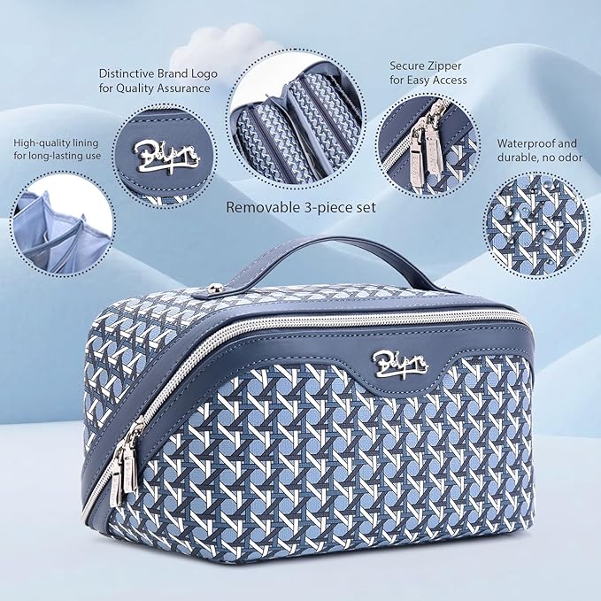 BOYATU Travel Makeup Bag Cosmetic Bags for Women: Large Capacity 3 Pcs Set Make up Bag with Compartments - Waterproof Vegan Leather Toiletry Organizer Bags with Handle (M-77Blue)