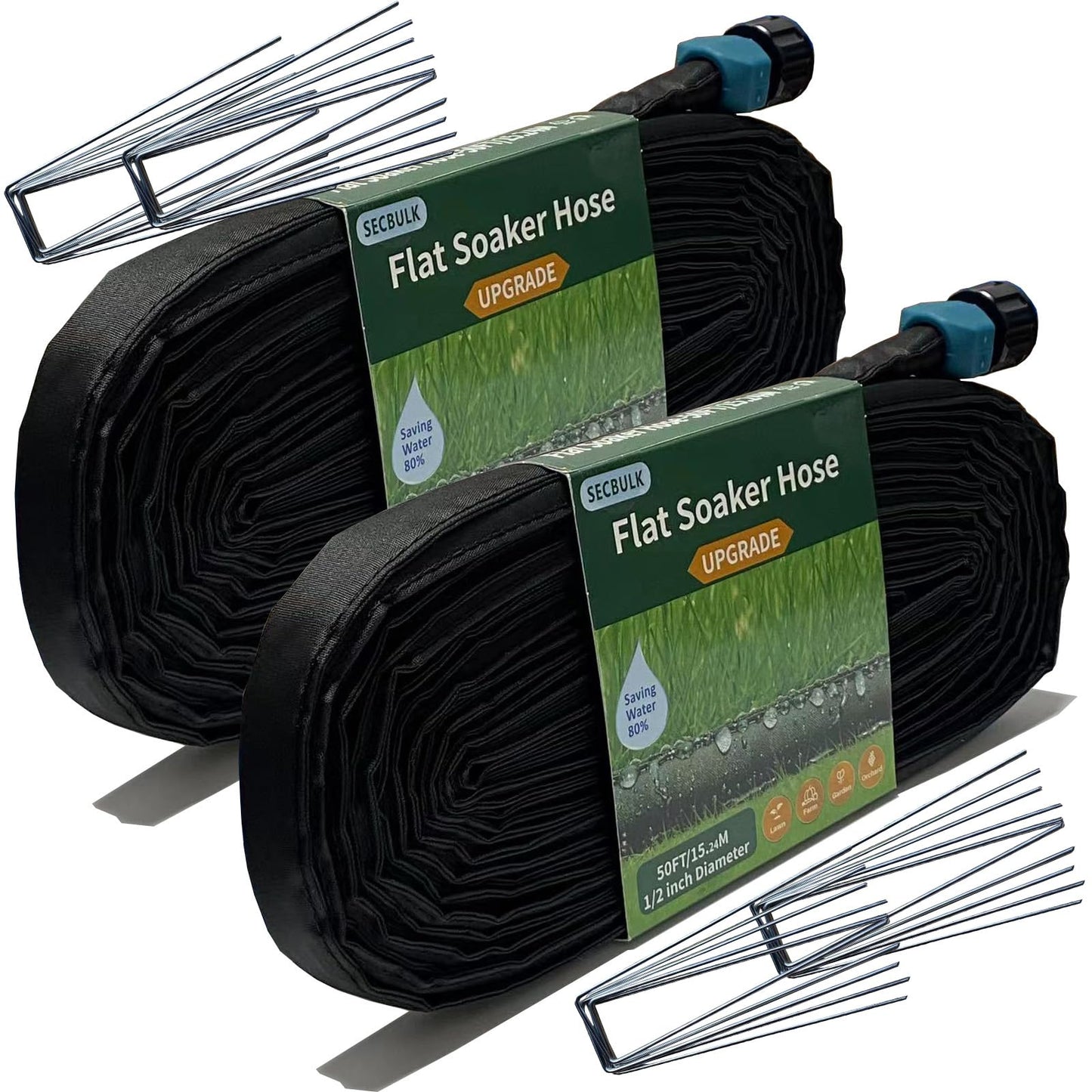 Secbulk 2026 Flat Soaker Hose 100 ft with Stakes for Garden, 50ft x 2 Linkable Drip Hose Diy Garden Irrigation System Saving 80% Water, Dual-layer Leak-free Design Water Hose with Holes