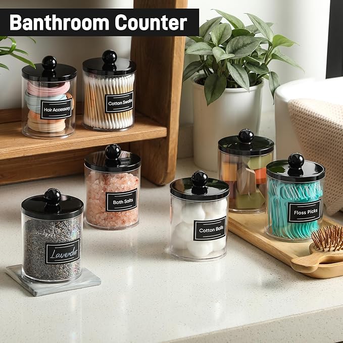 2 Pack Acrylic Qtip Holder Dispenser for Cotton Swabs, Balls, Pads, Floss - Plastic Canister Apothecary Jar Set, Bathroom Essentials Accessories Decor Vanity Makeup Storage Organizer - Clear & Black