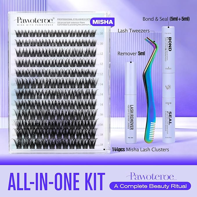 Pawotence Lash Clusters Kit Misha 10-18mm Cluster Lashes Extension Kit 144pcs Eyelash Clusters Wet Look Wispy Lashes Cluster Eyelash Extensions with Waterproof Lash Bond and Seal, Remover, Applicator