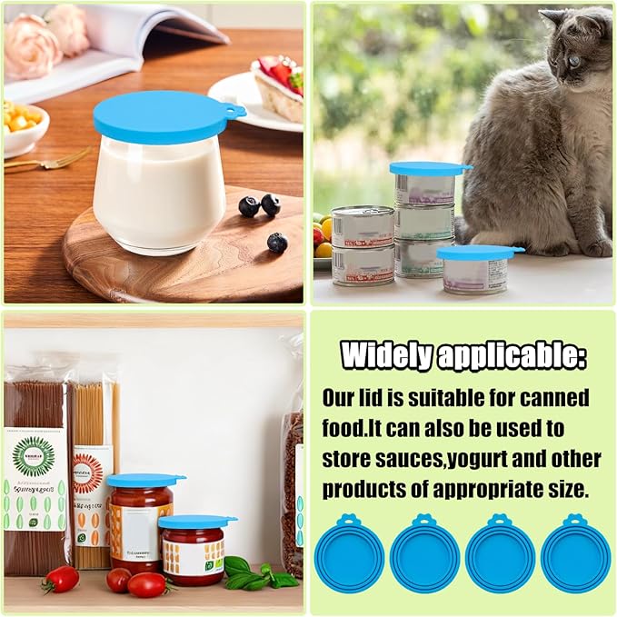 PINE & LINEN 4 Pcs Durable Pet Can Lids,One fit 3 Standard Size Silicone Waterproof Cat Food Cans Lids for 3oz/5.5oz/12.5oz/13.2oz Cat Food Cans（Sky Blue）
