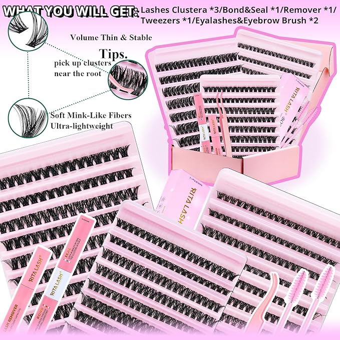 Lash Clusters Kit for Beginners Eyelash Clusters Kit Cluster Eyelash Extensions Lashes Clusters Kit Lash Extension Kit+Lash Bond&Seal,Remover,Tweezers,Brush(60D+80D+100D Lash Kit)