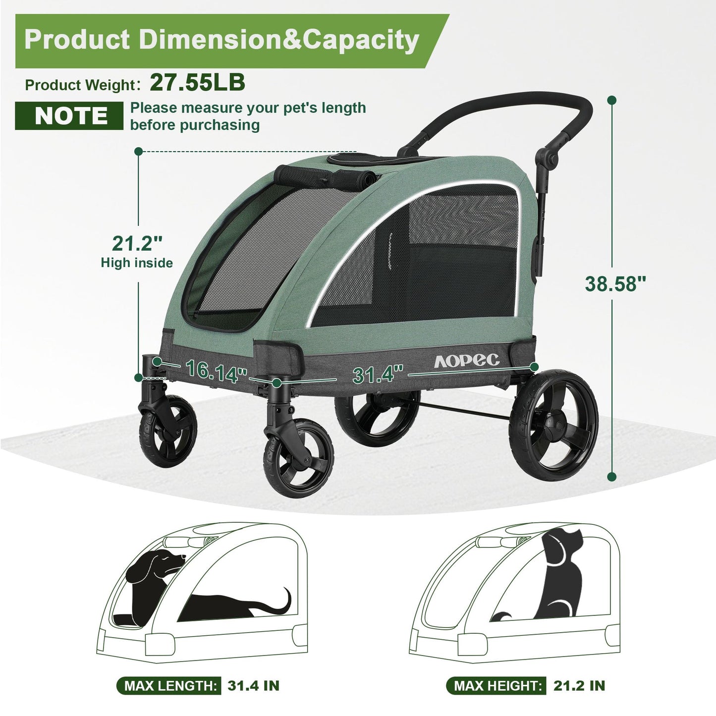 AOPEC Large Dog Stroller - Dual Entry Safety Folding Pet Stroller with Adjustable Handle, All-Terrain 4-Wheel, 160 lbs Weight Capacity for Travel & Outdoor Adventures - Green