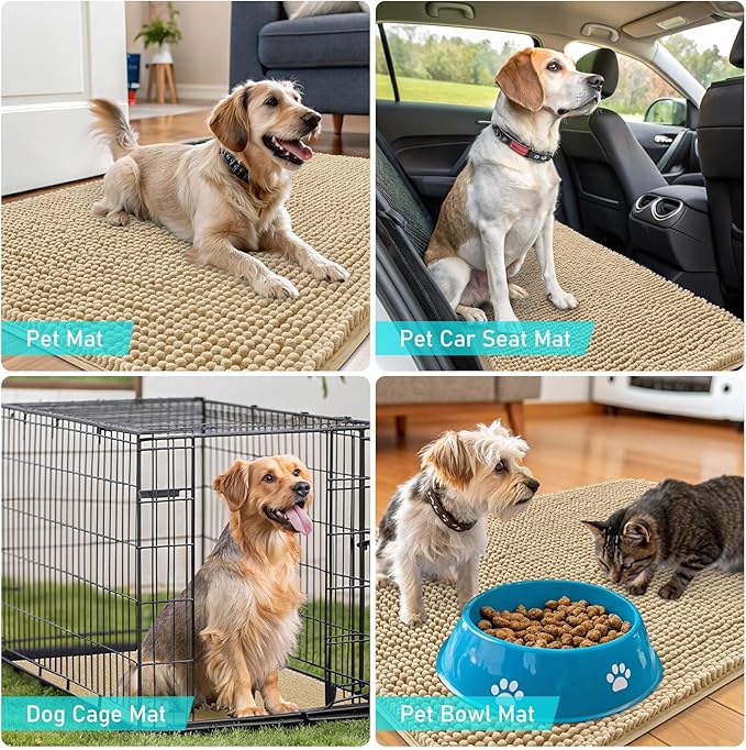 OLANLY Dog Door Mat for Muddy Paws 35x24, Absorbs Moisture and Dirt, Absorbent Non-Slip Washable Doormat, Quick Dry Chenille Mud Mat for Dogs, Entry Indoor Entryway Carpet for Inside Floor, Beige