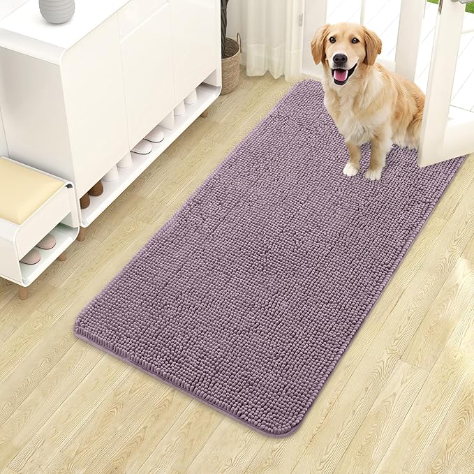 OLANLY Dog Door Mat for Muddy Paws 40x24, Absorbs Moisture and Dirt, Absorbent Non-Slip Washable Doormat, Quick Dry Chenille Mud Mat for Dogs, Entry Indoor Entryway Carpet for Inside Floor, Deep Plum