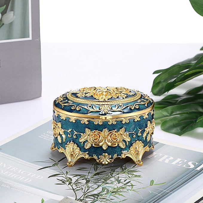 Hipiwe Vintage Metal Jewelry Box - Oval Trinket Box Ring Case with Rose Pattern Jewelry Storage Box for Ring Earrings Necklace, Keepsake Box for Women