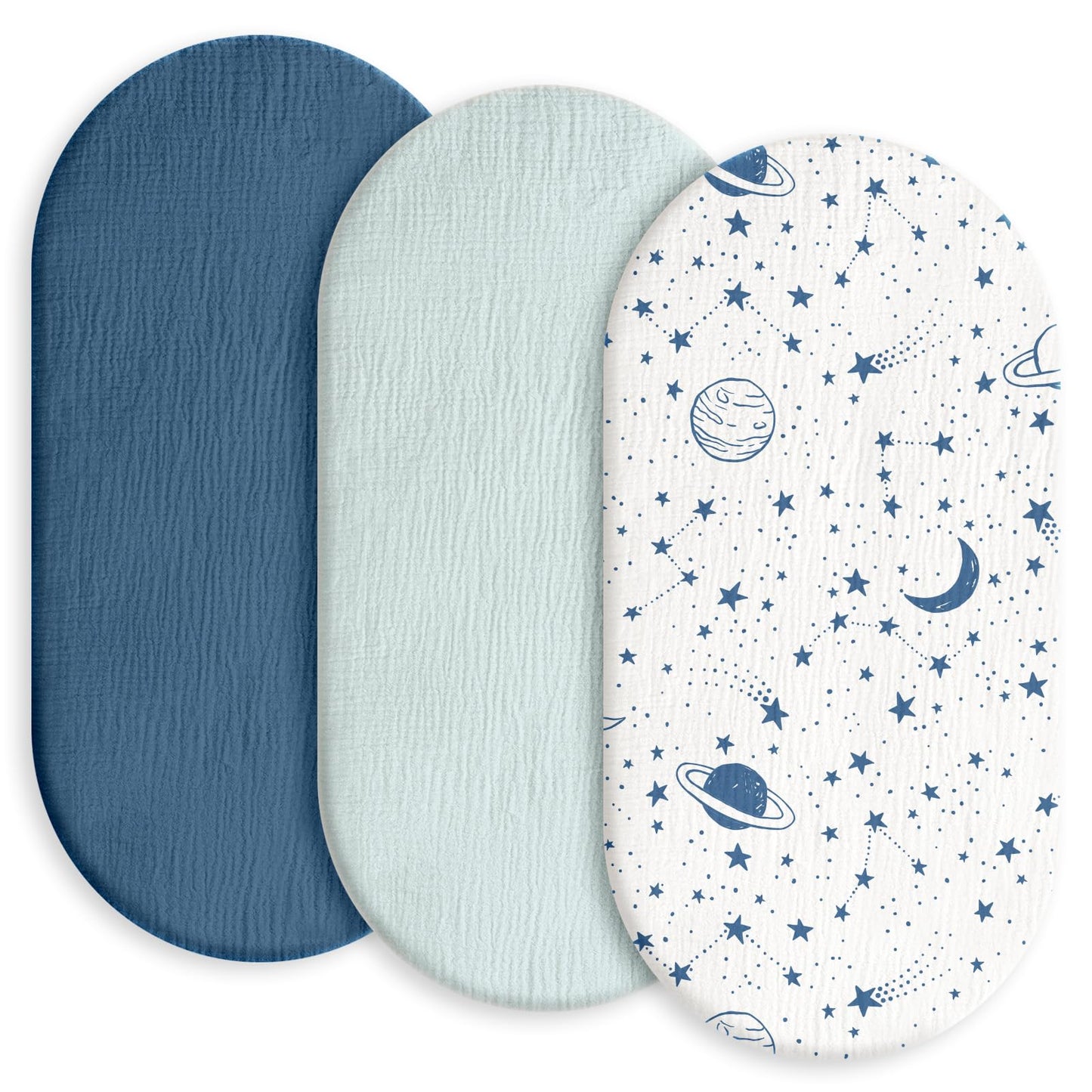 Gllquen Baby Muslin Bassinet Sheets 3 Pack, Breathable Elastic Cozy Fitted Cotton Bassinet Mattress Sheet for Baby Boy Girls, Fit for Hourglass Oval Rectangular Cradle Pad Sheets 33"x17" (Blue)