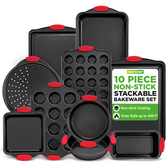 NutriChef 10-Piece Nonstick Kitchen Oven Baking Pans - Premium & Stylish Non-Stick Carbon Steel - Commercial Grade Restaurant Quality Metal Bakeware with Silicone Handles - Easy to Clean, NCSBS10S