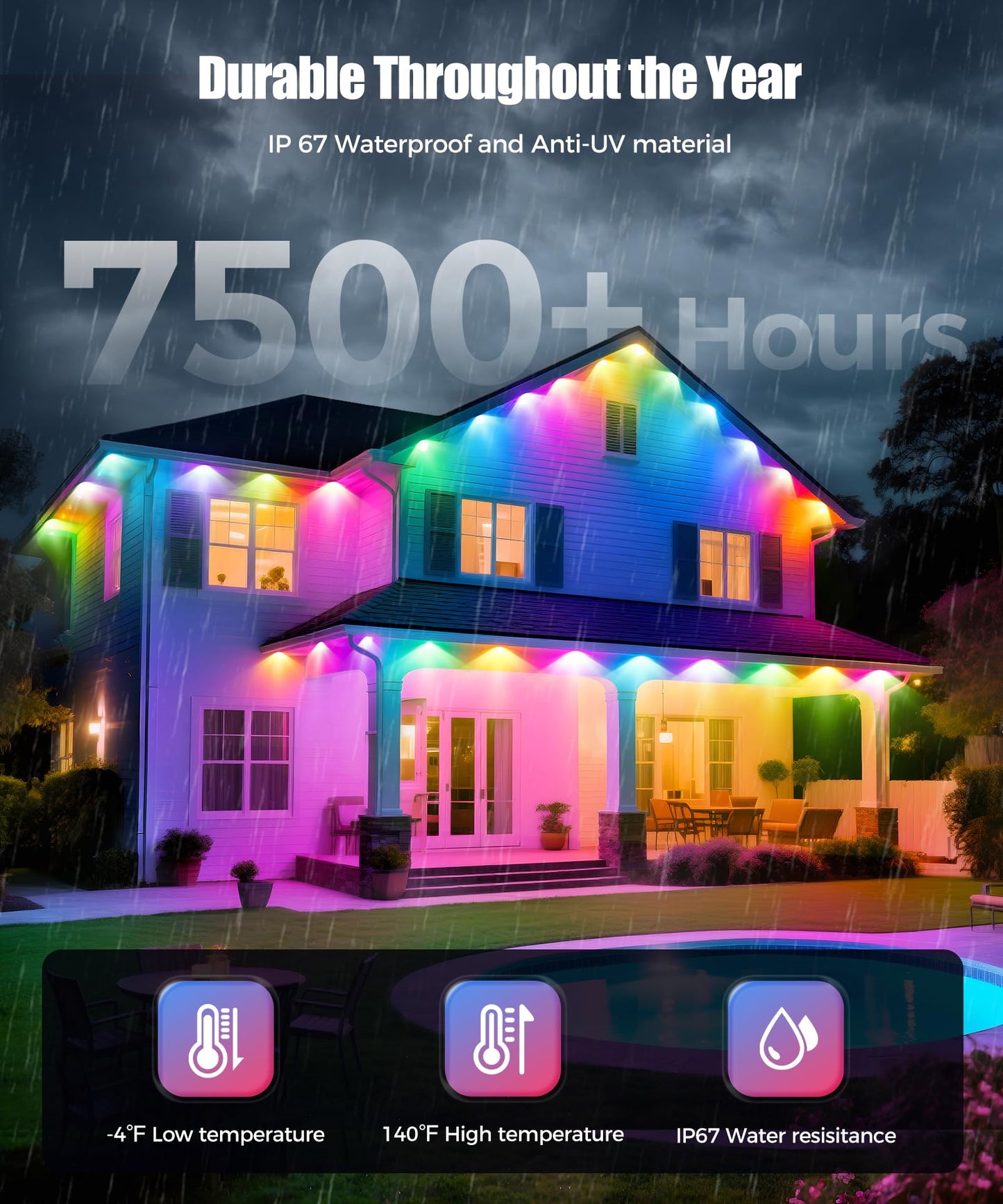 POOFZY Permanent Outdoor Lights for House, 200ft RGB+IC Smart Outdoor Decor, 50 Scene Modes, App/Remote Control, IP68 Waterproof, for Christmas, Holiday, Daily & Pool Party Decor, House Roof Lighting
