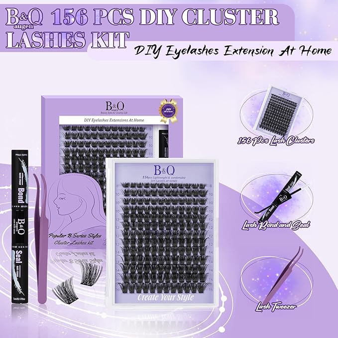 B&Q Wispy Lash Clusters Kit B19, DIY Lash Extension Kit 156PCS Eyelash Extension Kit, Soft Natural Lash Clusters 8-18MIX D Curl Lash cluster, Thin Black Band Cluster Eyelash Extensions (B19 Set)