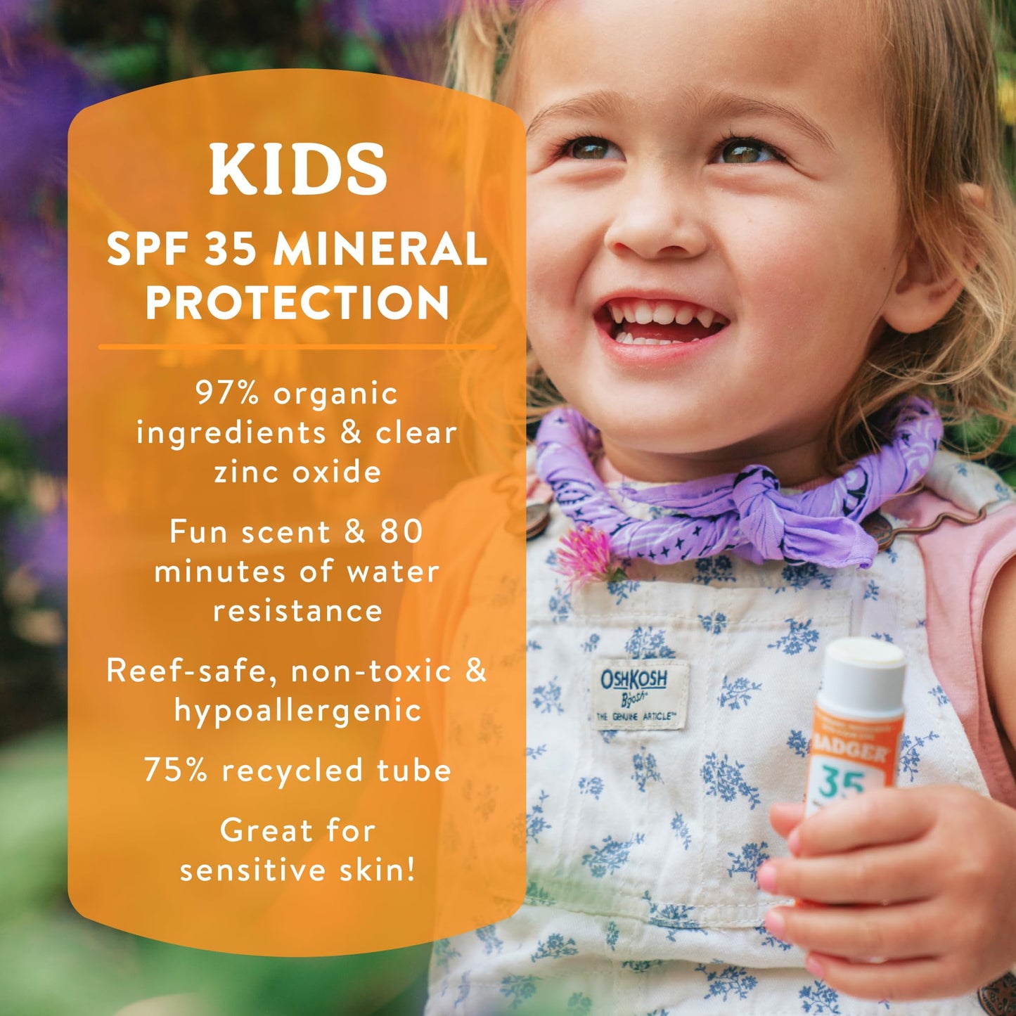 Badger Kids Mineral Sunscreen Combo, SPF 40 Cream + SPF 35 Kids Face Stick, 98% Organic Ingredients with Mineral Zinc Oxide, Water Resistant, Reef Safe Broad Spectrum, Tangerine & Vanilla Scent