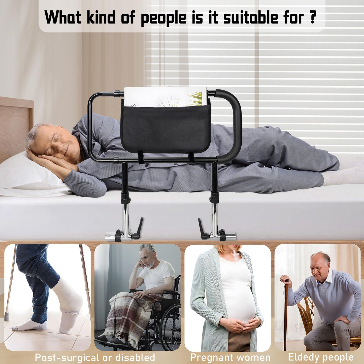 BQKOZFN Bed Rails for Elderly Seniors, Height Adjustable Home Bed Rail Assist Bar with Storage Pocket, Support Up to 330lbs