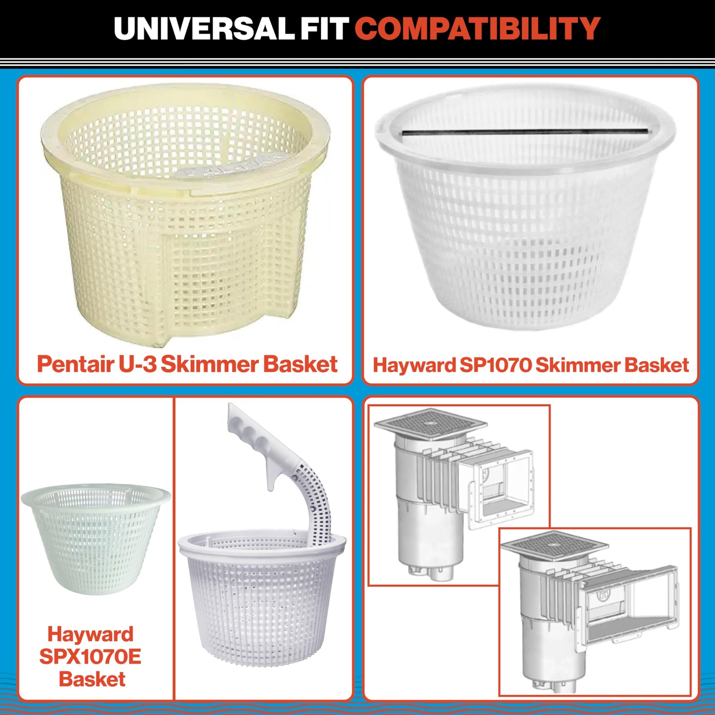 Swimables Pool Skimmer Basket for Inground Pool Compatible with Pentair U-3 Skimmer Basket and Hayward SP1070 Pool Basket | Built-in Brass Weight | 316 Stainless Steel Handle & Convenient Rubber Grip