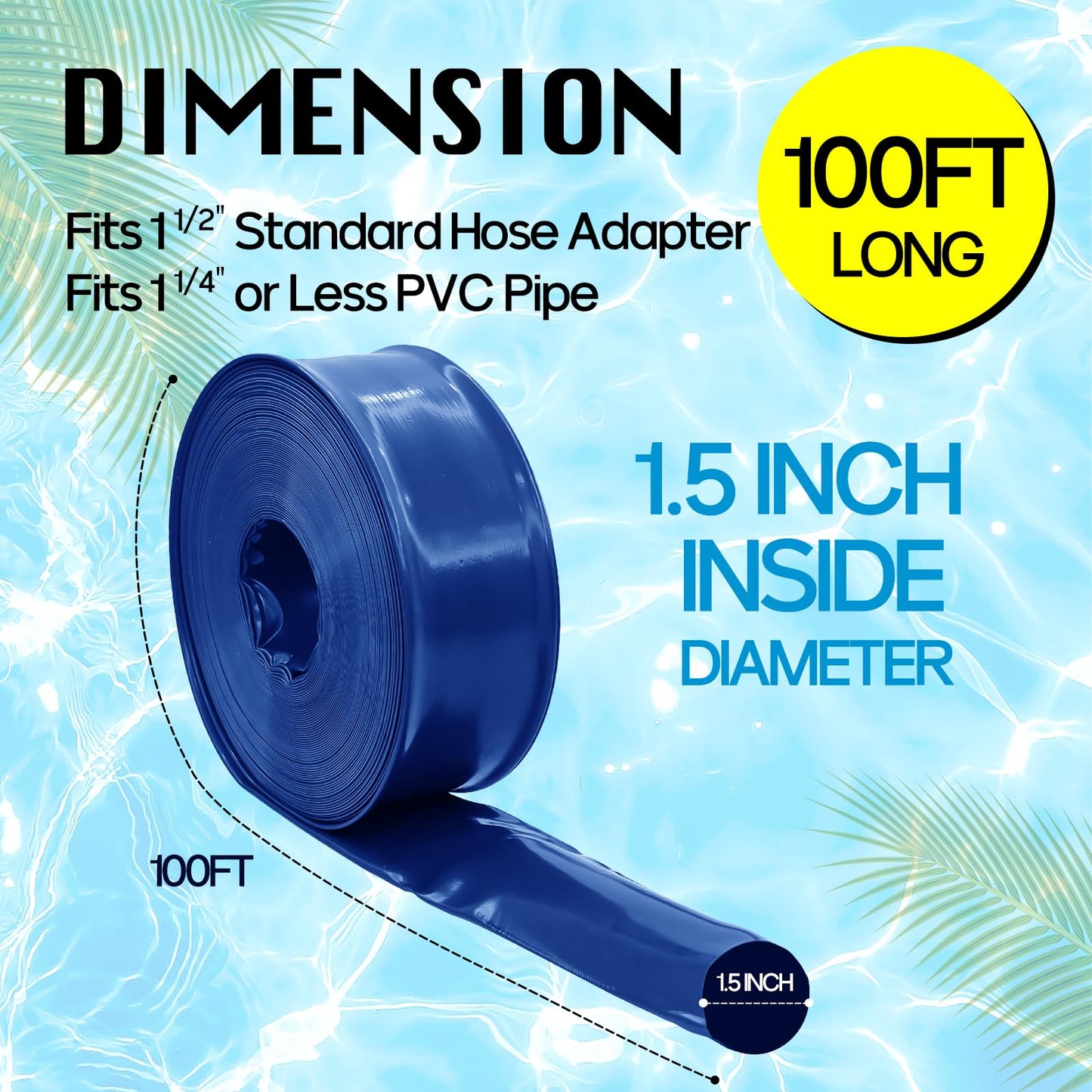 Mosenpol Pool Backwash Hose 1-1/2" x 100 FT - Heavy Duty Layflat Sump Pump Hose, Weather and Burst Resistant PVC Discharge Hose with 2 Clamps for Water Transfer, Pool Drainage, Pool Drain