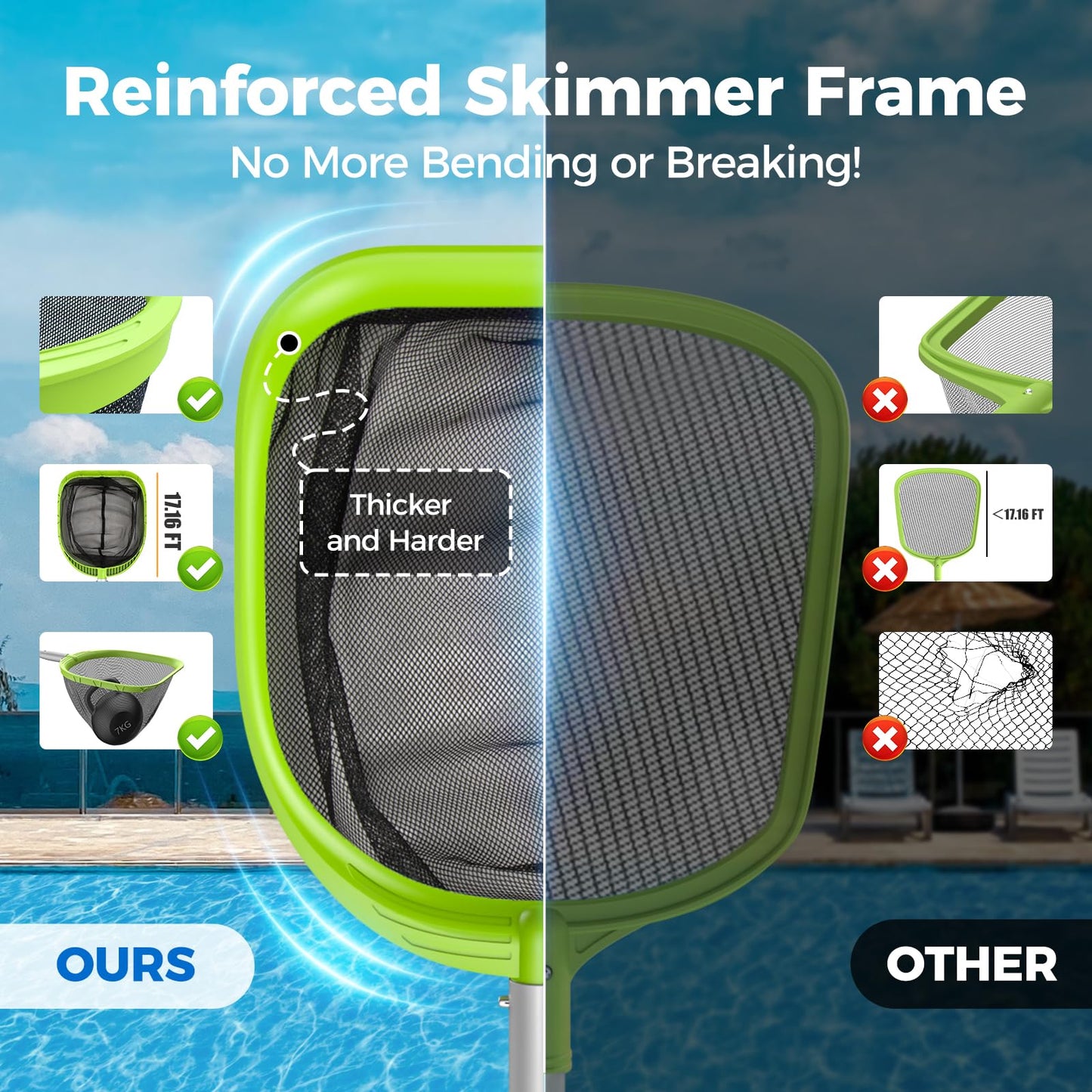 Mowend 【Upgrade】 Pool Net Total Length 6 Feet, Swimming Pool Skimmer Net with 6 Section Telescopic Aluminum Pole for Fast Cleaning Ponds, Hot Tub, and Spas, Pool Cleaner Supplies and Accessories
