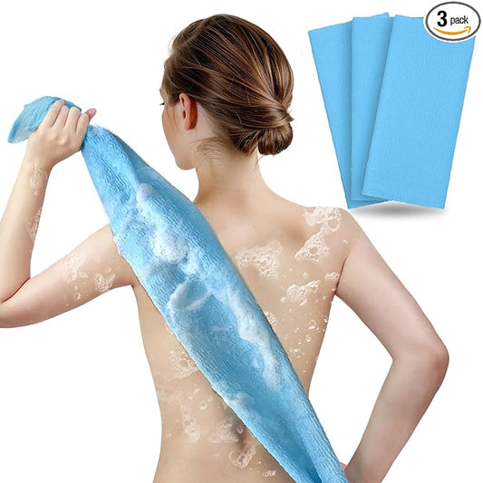 ARCH&M Exfoliating Body Towel (3 Pack) for Glowing, Silky-Smooth Skin - Japanese Beauty Washcloth for Deep Exfoliation & Improved Circulation in the Shower (Blue x 3)