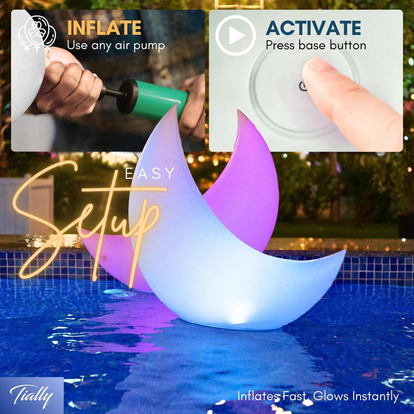 TIALLY Floating Pool Lights Solar Powered - 24" Crescent Moon Floating Pool Decorations, Floating Solar Pool Lights for Swimming Pool, Weddings, Pool Party Decor (2 Pack)