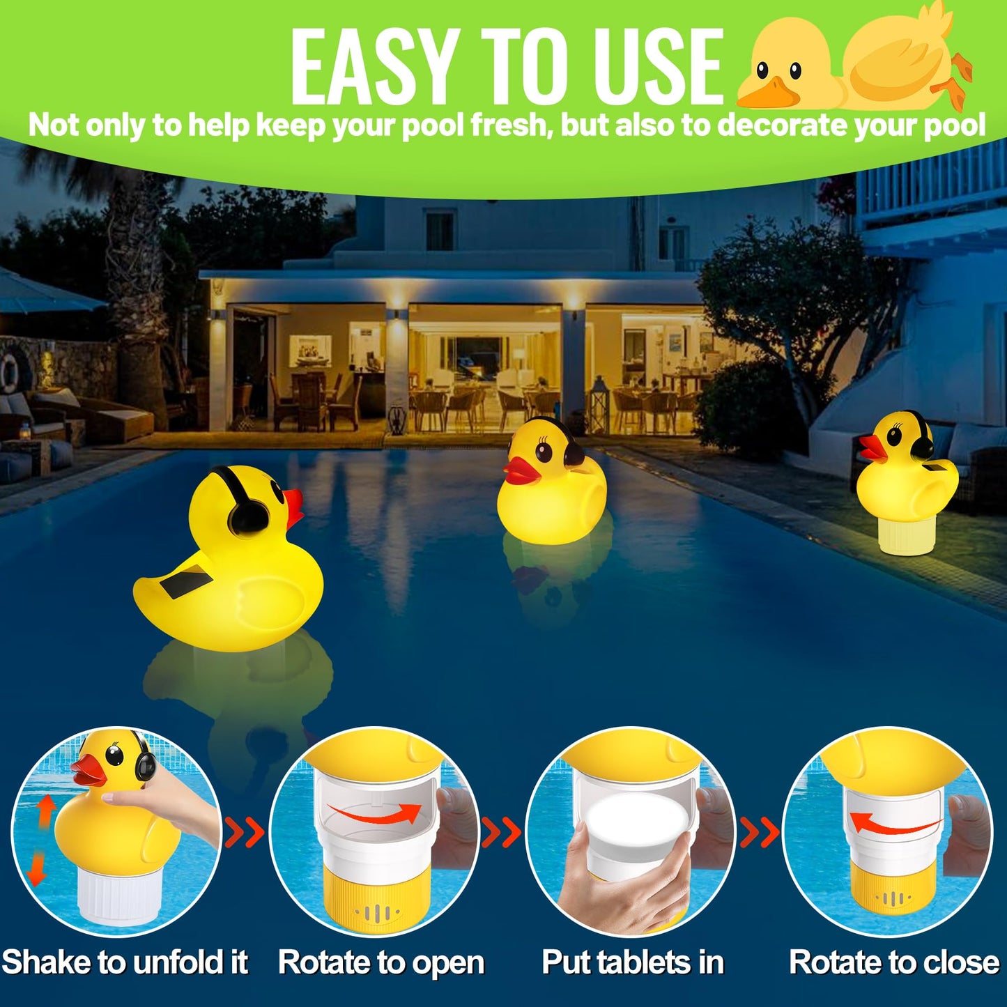 Pool Chlorine Floater with Light,Duck Chlorines Floaters with Adjustable Flow,Solar Chlorine Floater,Floating chlorines Dispenser for Pool,Hot Tub chlorines Floaters, Yellow