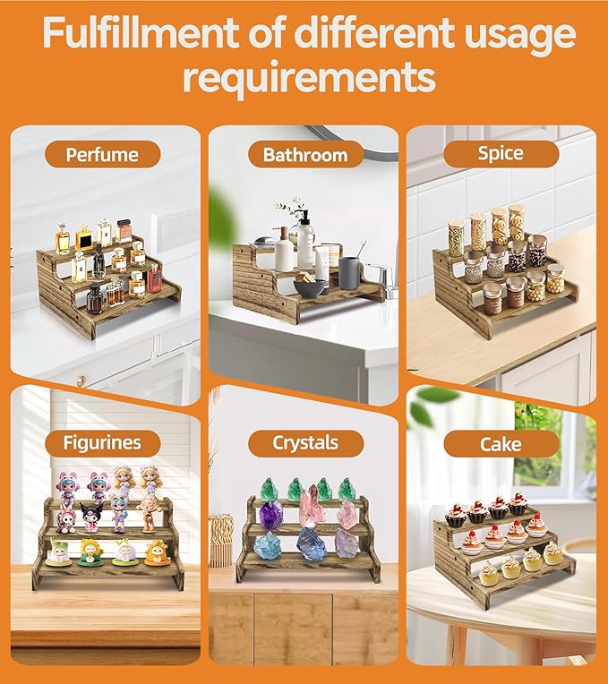 Wooden Cologne Organizer for Men, Perfume Organizer Stand, Cologne Stand with Anti-Slip Washers, Wooden Display Risers Stand for Dessert, Cupcake, Charcoal-Grilled, 3-tier-11.8in