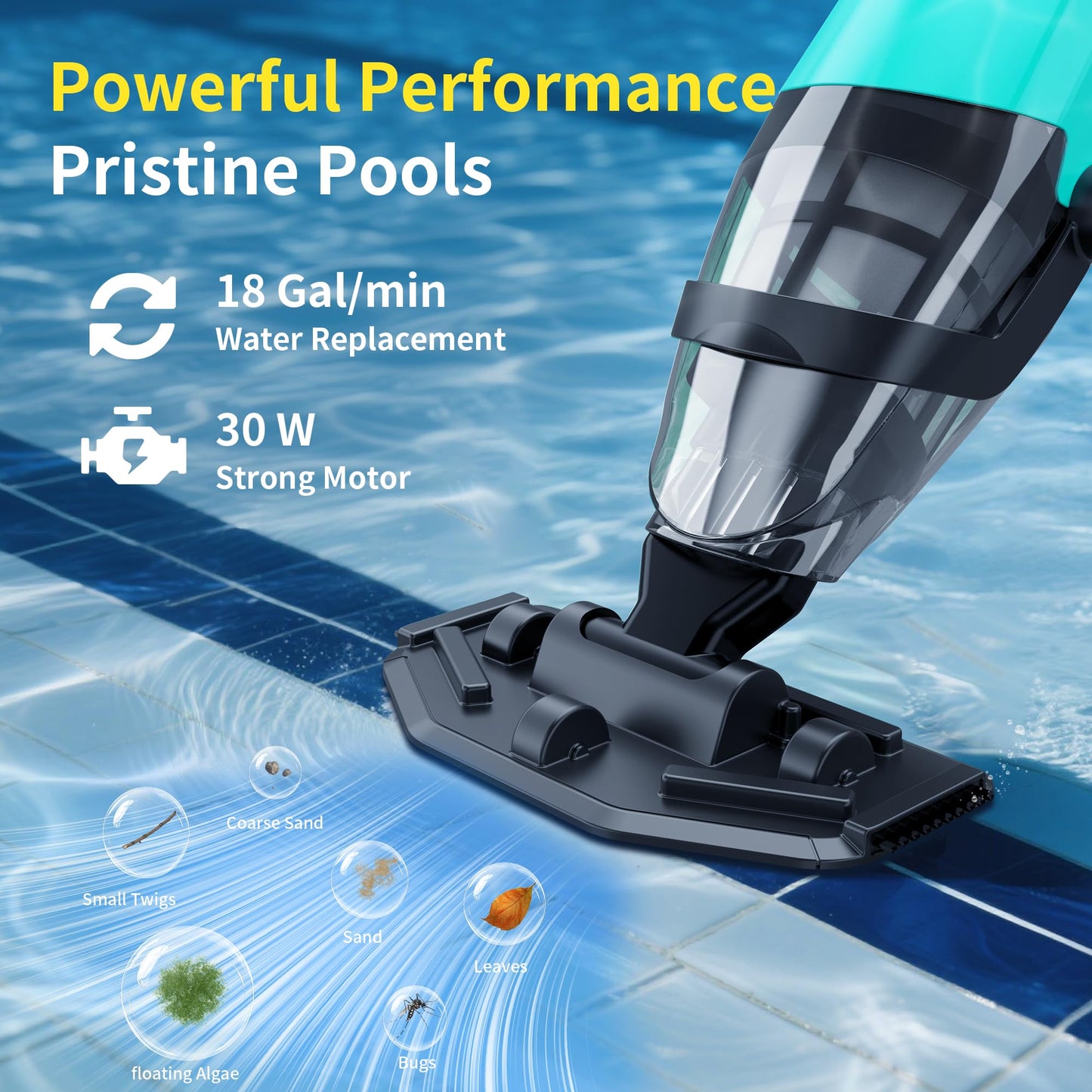 Handheld Pool Vacuum for Above Ground Pools,Cordless Pool Vacuum with Powerful Suction up to 18 gallons/min,Ideal for Leaves and Debris,Pool Vacuum Head for Pools Above Ground and Hot Tubs (Green)