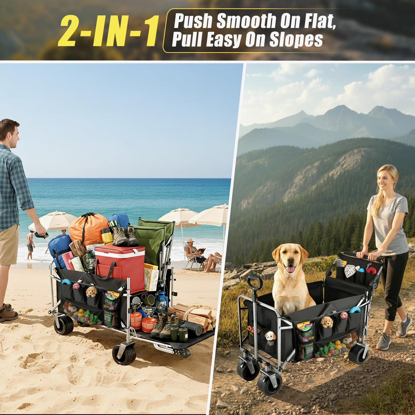 nuzzpawur Dog Wagon for Large Dogs Up to 400 lbs, Foldable Dog Stroller for Medium to Large Dogs with Tailgate, Pet Carts with Wheels for Walking, Beach, Garden, Camping, Sport, Black L