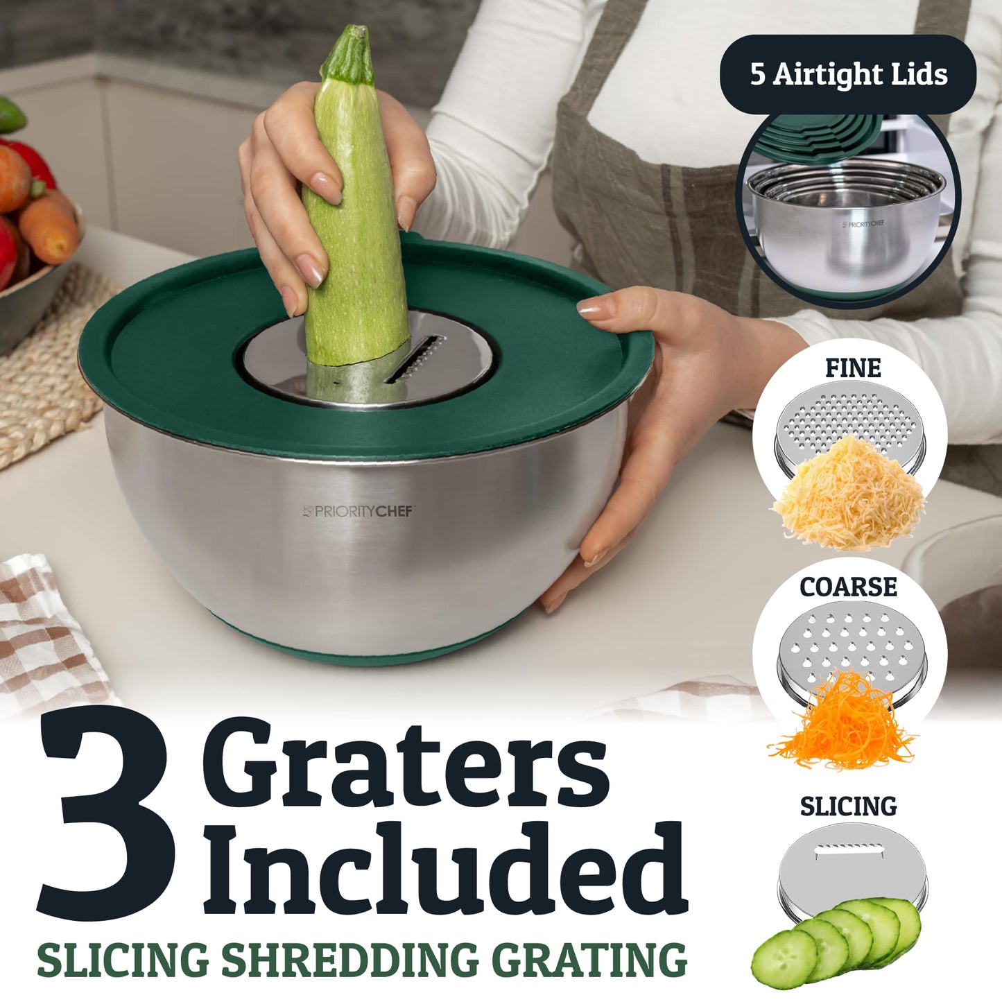 Priority Chef Stainless Steel Mixing Bowls with Lids Set, 3 Grater Attachments, Airtight Lids, Non-Slip Silicone Base Mixing Bowl Set, Large Prep Metal Mixing Bowls for Kitchen, Green
