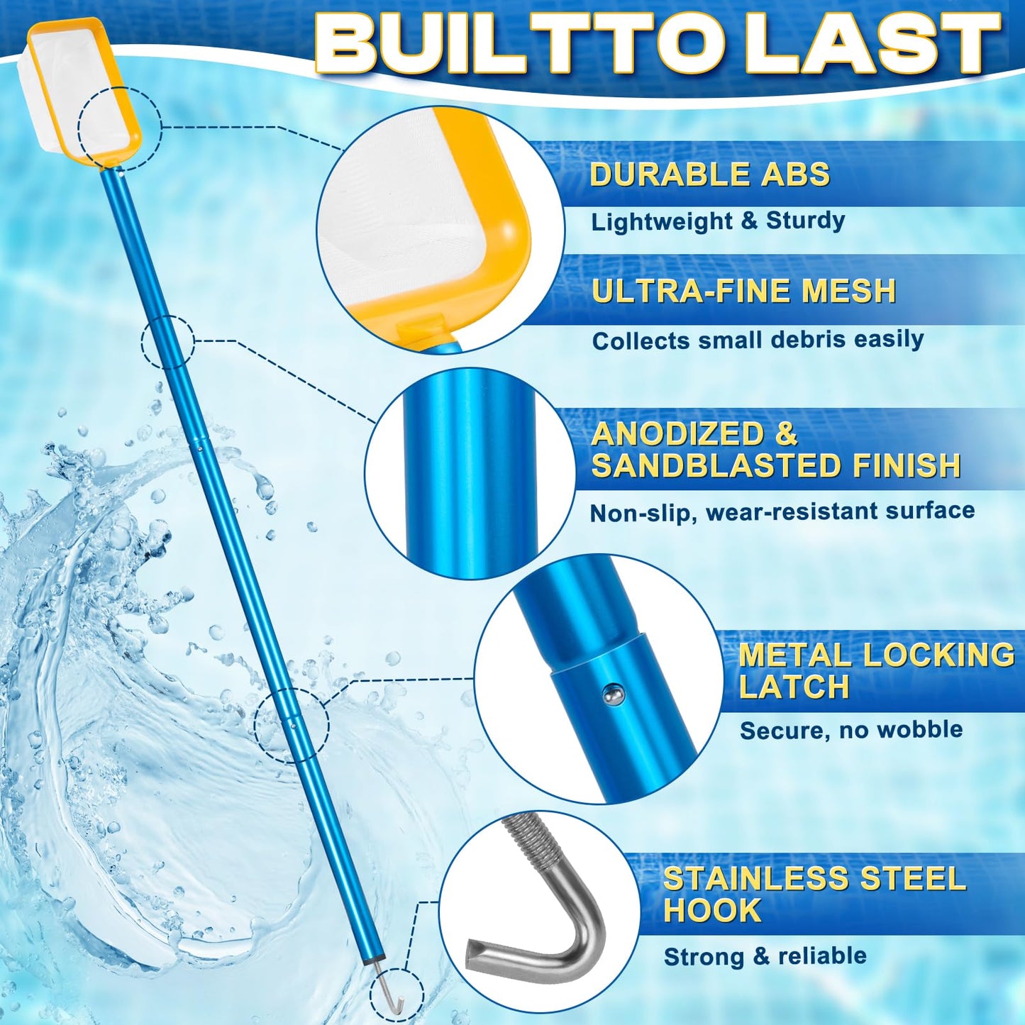 ComfyKit 50in 2-in-1 Pool Skimmer Tool with Stainless Steel Hook and Detachable Fine Mesh Net, Includes Skimmer Basket Handle, for Above Ground and Inground Pools