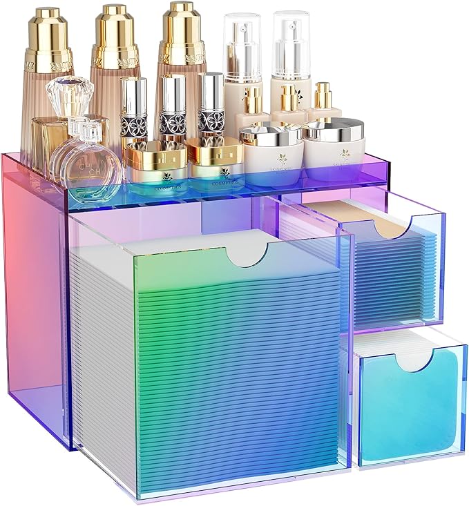 Youdepot Iridescent Acrylic Face Towel Holder with 3 Drawers, Disposable Face Towel Organizer for XL Facial Towels, Cotton Pads, Swabs, Skincare Tools, Bathroom Vanity Countertop Storage Box