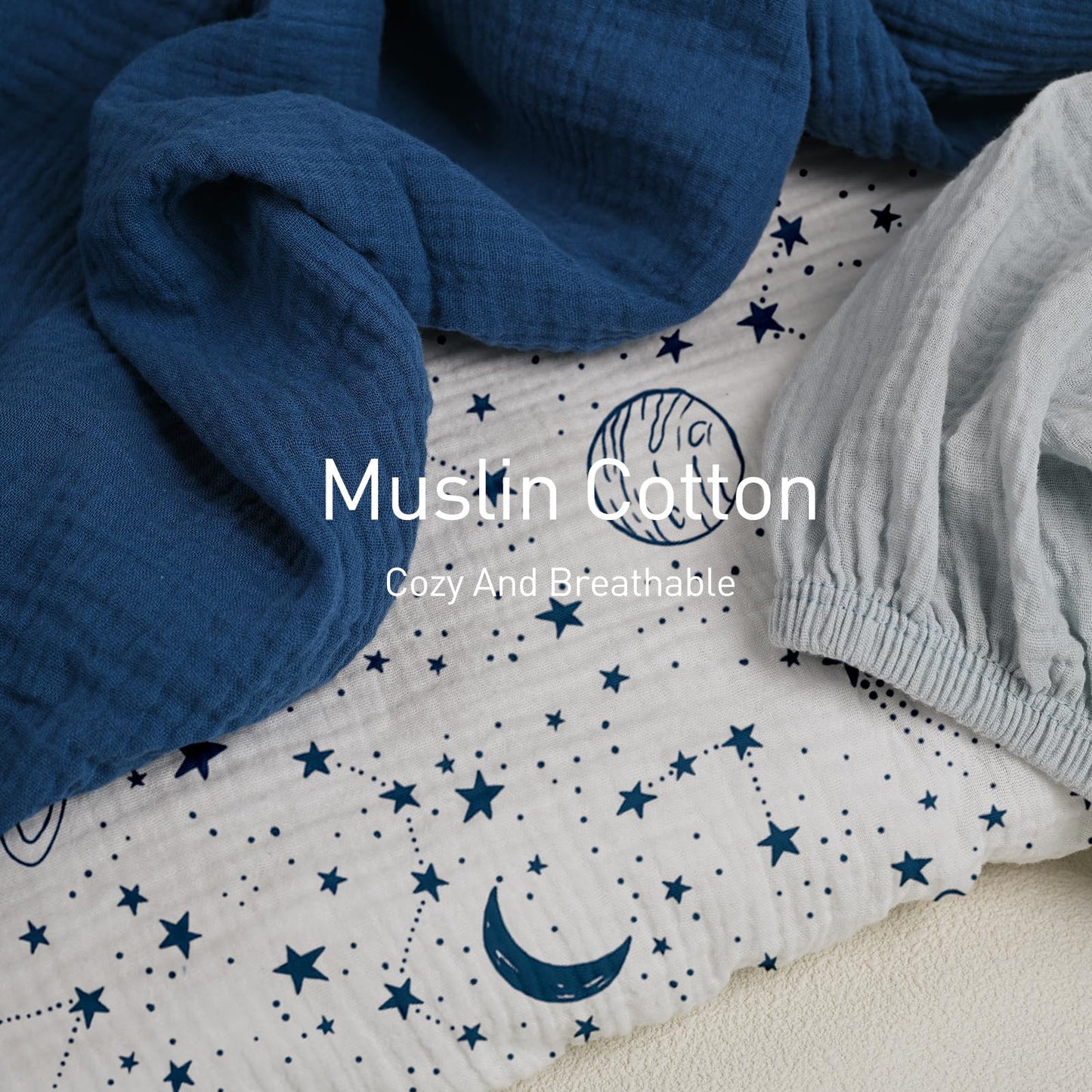 Gllquen Baby Muslin Bassinet Sheets 3 Pack, Breathable Elastic Cozy Fitted Cotton Bassinet Mattress Sheet for Baby Boy Girls, Fit for Hourglass Oval Rectangular Cradle Pad Sheets 33"x17" (Blue)