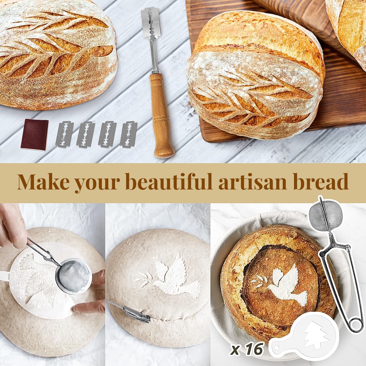 BAVIFY 10 Inch Oval Banneton Bread Proofing Basket Sourdough Starter Kit, Sourdough Bread Baking Supplies with Bread Lame, Sling, Spatula, Scraper, Dough Whisk