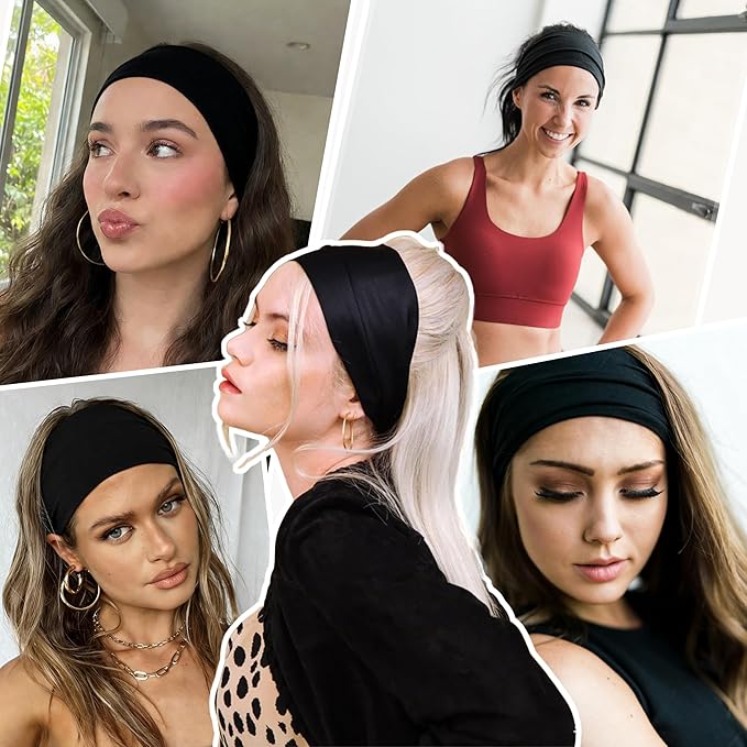 2 Pack Black Wide Headbands for Women - Thick Stretchy Non Slip Fabric Sweat Bands, Soft Hair Bands for Workout, Running, Spa, Makeup & Washing Face