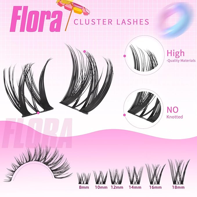 Geeneiya FLORA Lashes Clusters Kit DIY Lash Extension, 8-18MM Wispy Lash Clusters, Ultra-thin Soft Band Eyelash Extension Kit with Waterproof Lash Bond and Seal, Lash Remover, Tweezers for Beginners